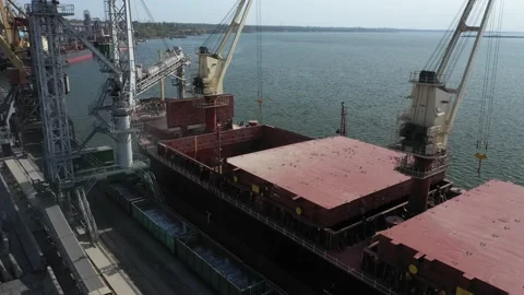 Loading grain onto a cargo ship for transportation by sea by a conveyor belt Stock Footage 157636725