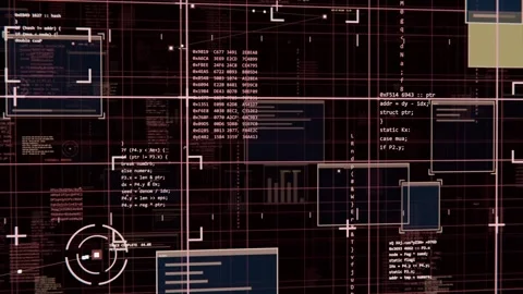 Loading HUD interface, grid shifting, code panels sliding, crosshair scanning Video stock 340268179