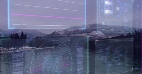 Loading HUD overlaying centered lake with pines and hills via panels and radar, Stock Photos