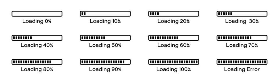 Loading icon set 0-100% in black colour Stock Illustration