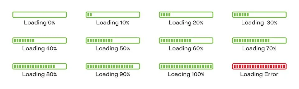 Loading icon set 0-100% in Green colour Stock Illustration