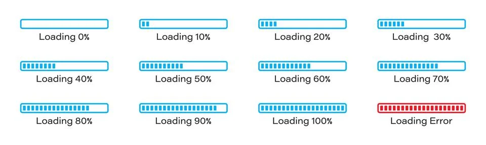 Loading icon set 0-100% in blue colour Stock Illustration
