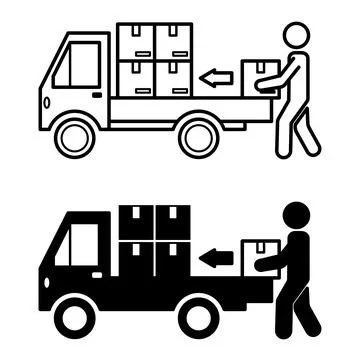 Loading Icons. Black and White Vector Illustrations. Man Loading Goods into.. Illustrazione stock