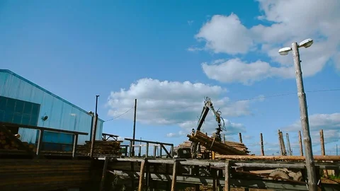 Loading logs with a crane, a crane at a sawmill, loading logs, working in a Stock Footage 129236806