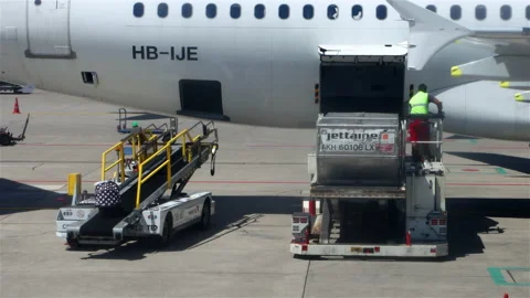 Loading luggage and container into the plane Stock Footage 139763919