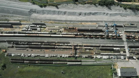 Loading materials on the railway. Aerial view. 4K. Stock Footage 93161900