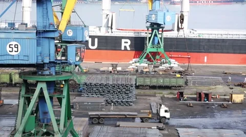 Loading metal in cargo ship at the port of Nakhodka. Primorsky Kray, Russia Stock Footage 56690762