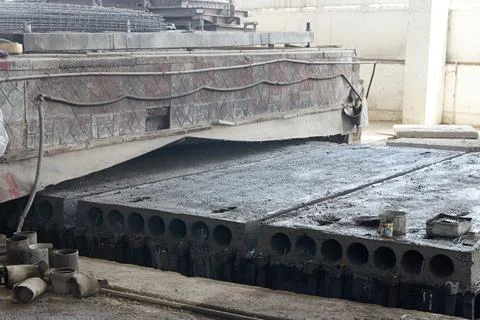 Loading of molded concrete floor slabs into the steaming chamber Stock Photos