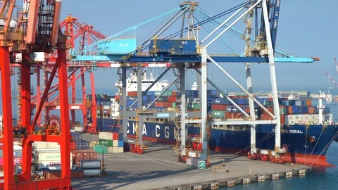 Loading a moored ship with bright container cranes in an industrial port. Stock Footage 122200328