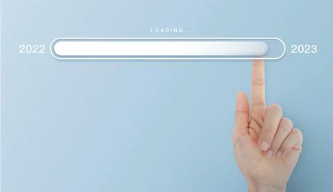 Loading new year 2022 to 2023 with hand point in progress bar. blue backgro.. Stock Photos