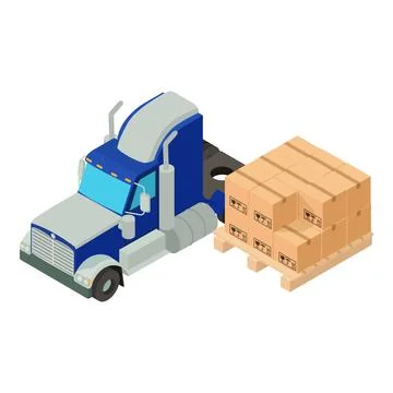 Loading operation icon isometric vector. Semi trailer truck near wooden pallet Stock Illustration