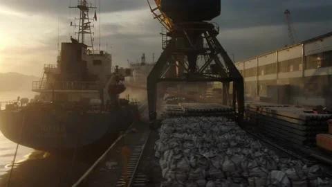 Loading operations in the seaport. Bulk carrier is loaded with bulk cargo. Stock Footage 133800863