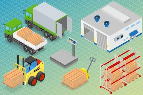 Loading or unloading a truck in the warehouse. Stock Illustration