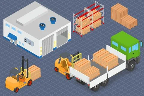 Loading or unloading a truck in the warehouse. Forklifts move the cargo. Stock Illustration