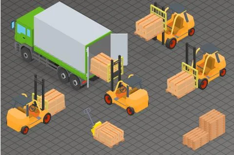 Loading or unloading a truck in the warehouse. Forklifts move the cargo. Stock Illustration