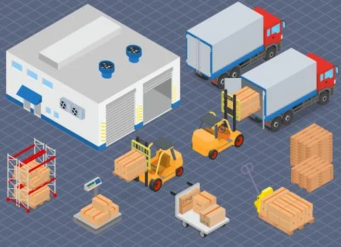 Loading or unloading a truck in the warehouse. Warehouse equipment. Stock Illustration