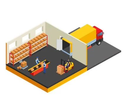 Loading or unloading a truck in the warehouse. Forklifts move the cargo. Ware Stock Illustration