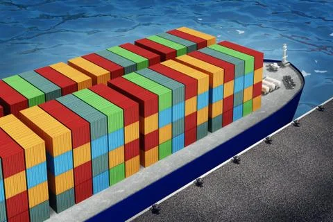 Loading orange container on freight ship in port Illustrazione stock