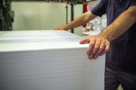 Loading paper onto an offset printing machine operation Stock Photos