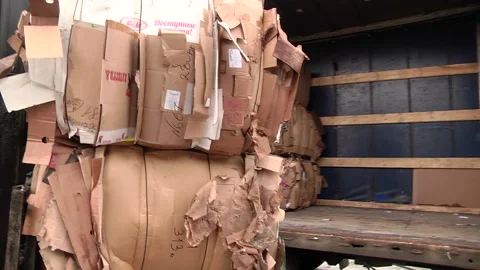 Loading of the pressed cardboard on the truck for sending for recycling Stock-Footage 104644916