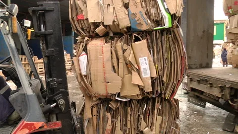 Loading of the pressed cardboard on the truck for sending for recycling Stock Footage 104646088