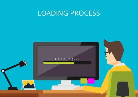 Loading process on computer, Person waiting computer loading process. Stock Illustration