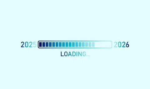 Loading progress bar of 2025 to 2026 happy new year isolated on lite blue b.. Stock Illustration