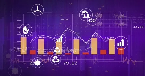 On loading purple grid backdrop animated eco chart showing sliding bars, icons Vídeos de archivo 317275367