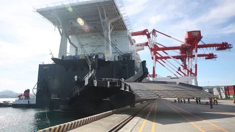 Loading ramp being lowered on USNS Jack Lummus Stock Footage 90417378