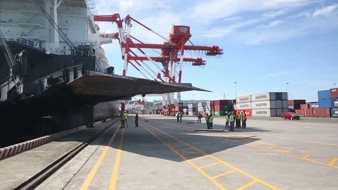 Loading ramp being lowered on USNS Jack Lummus Stock Footage 90417391