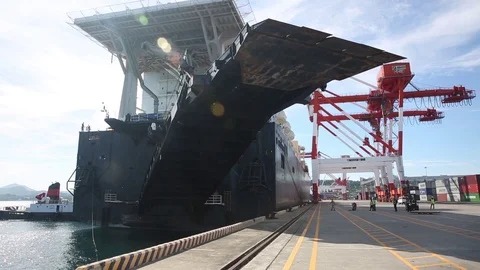 Loading ramp being lowered on USNS Jack Lummus Stock Footage 90417787