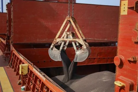 Loading of rapeseeds in bulk by steel grab on ship Stock-Fotos