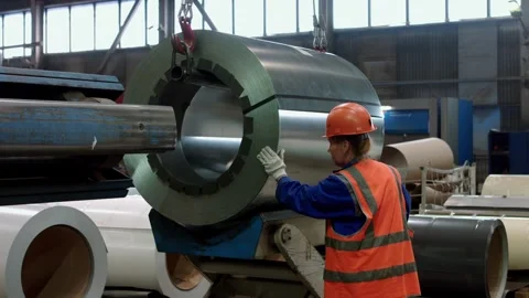 Loading of raw materials. Fence production in workshop. Automatic factory line. Stock Footage 292787454