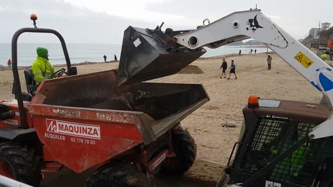 Loading of sand into a truck during a beach recovery in Barcelona Video stock 123721029