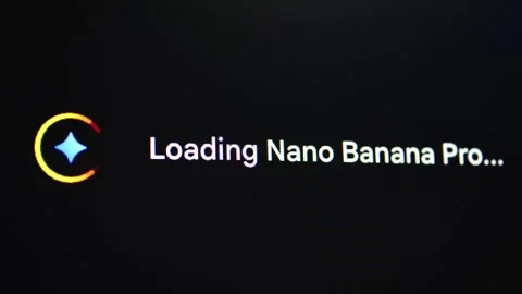 A loading screen on a dark background showing text Loading Nano Banana Pro Stock Footage 321750191