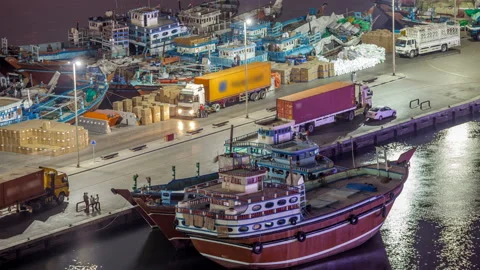 Loading a ship in Port Said night timelapse in Dubai, UAE. Stock Footage 90661152