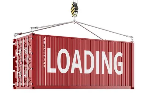 Loading shipping container lifted by crane hook. 3D rendering Stock Illustration