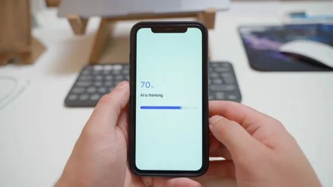 Loading stuck at 70 percent on smartphone screen while AI is thinking Video stock 342129853