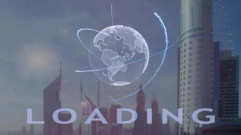 Loading text with 3d hologram of the planet Earth against the backdrop of the Fotos de archivo