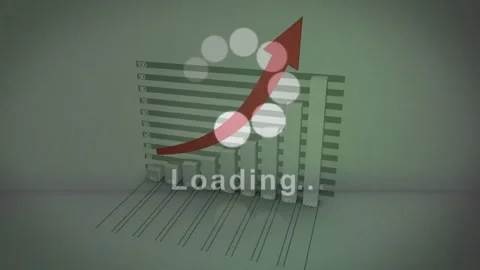 Loading text animation over 3D bar graph with upward red arrow Stock Footage 304489131
