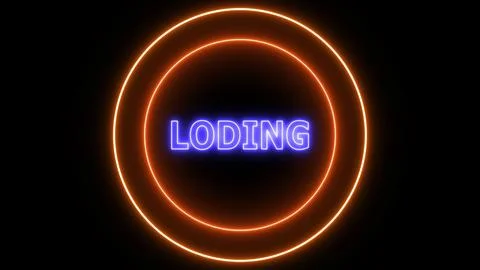 Loading text with neon glowing circle animated on a black background. Ilustración de archivo