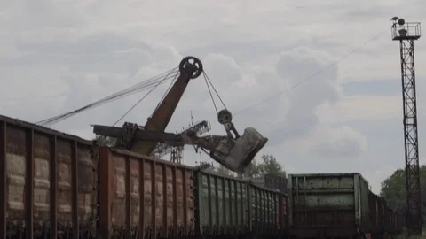 Loading the train car with crushed stones Stock Footage 95200429