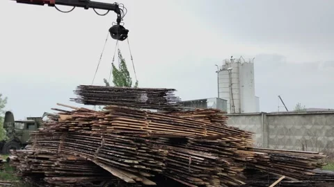 Loading unedged pine board in heavy rain in summer Stock Footage 206056672