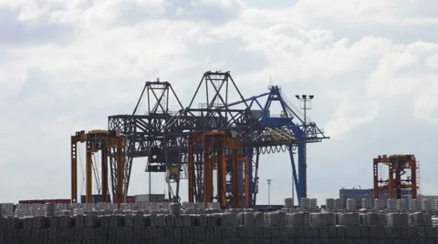 Loading unloading of containers with cargo in port Stock Footage 49468476