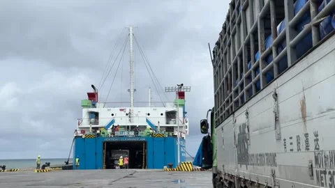 Loading Unloading at Roxas Dangay port with trucks cargo freight for RORO wait Video stock 287939734