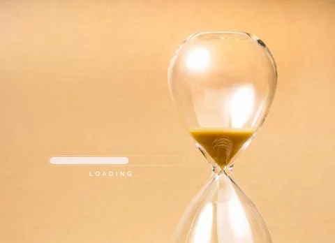 Loading update concept. Text "Loading..." with progress bar near hourglass .. Stockfoto's