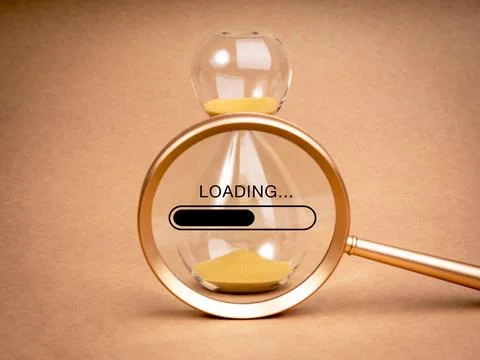 Loading update concept. Word "Loading..." with bar on simple hourglass in m.. 写真素材