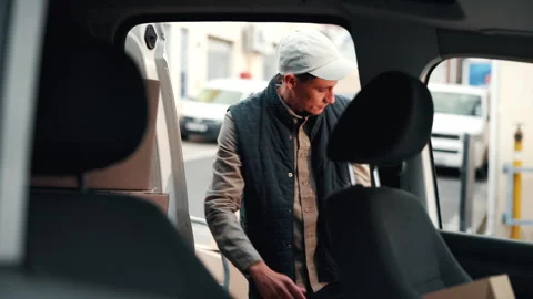 Loading, van and delivery man with boxes, shipping distribution and logistics Stock Footage 341545762