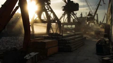 Loading of wheat grain on a bulk carrier at the ship's pier in the port. Stock Footage 141659432