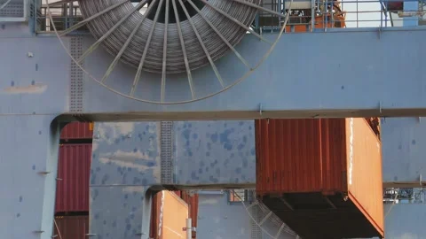 Loading\Unloading container to ship by industrial line gantry crane 4k creative  Stock Footage 139805414